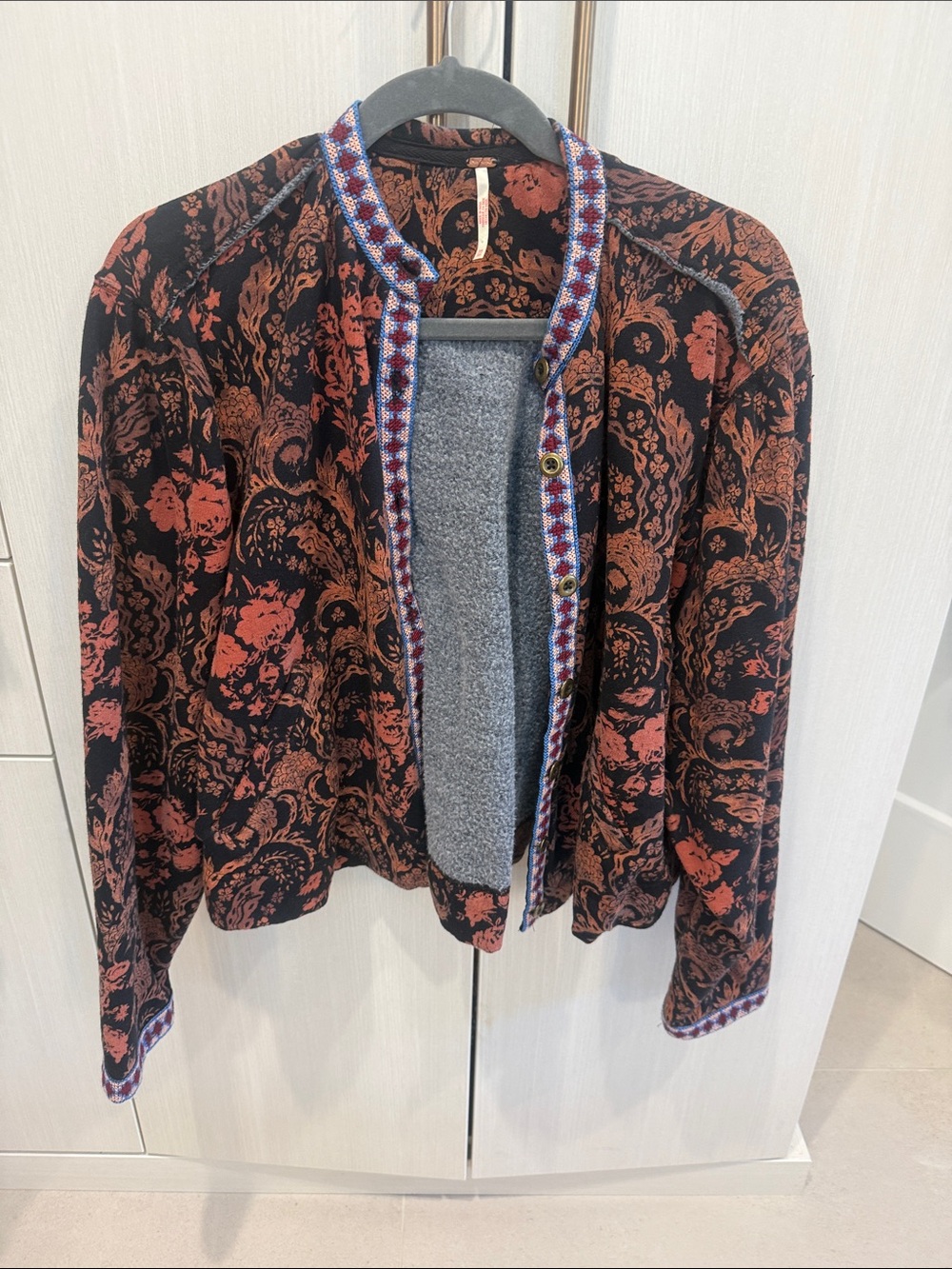 Free People Black Jacket with Rust Floral and Multicolor Trim